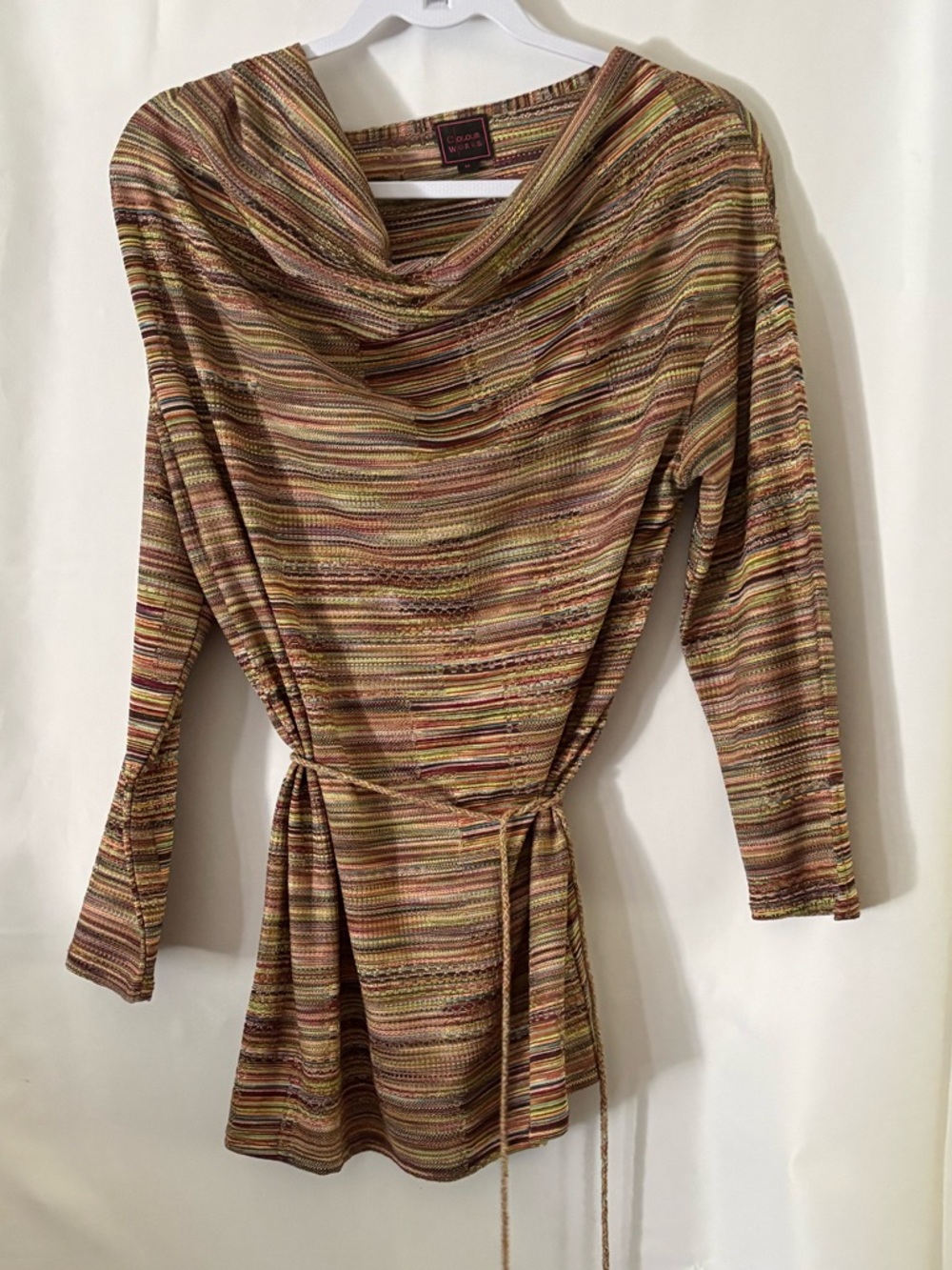 Cowl Neck Belted Tunic Sweater - ColorMix Brown